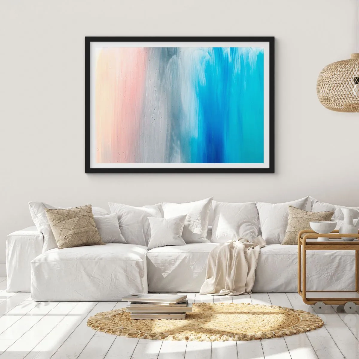 Affiche dans un cadre noir - Poster - Coups de pinceau abstraits dans des tons de bleu et de rose - 100x70cm - Éléments : air - Décoration murale moderne pour le salon et la chambre ARTTOR