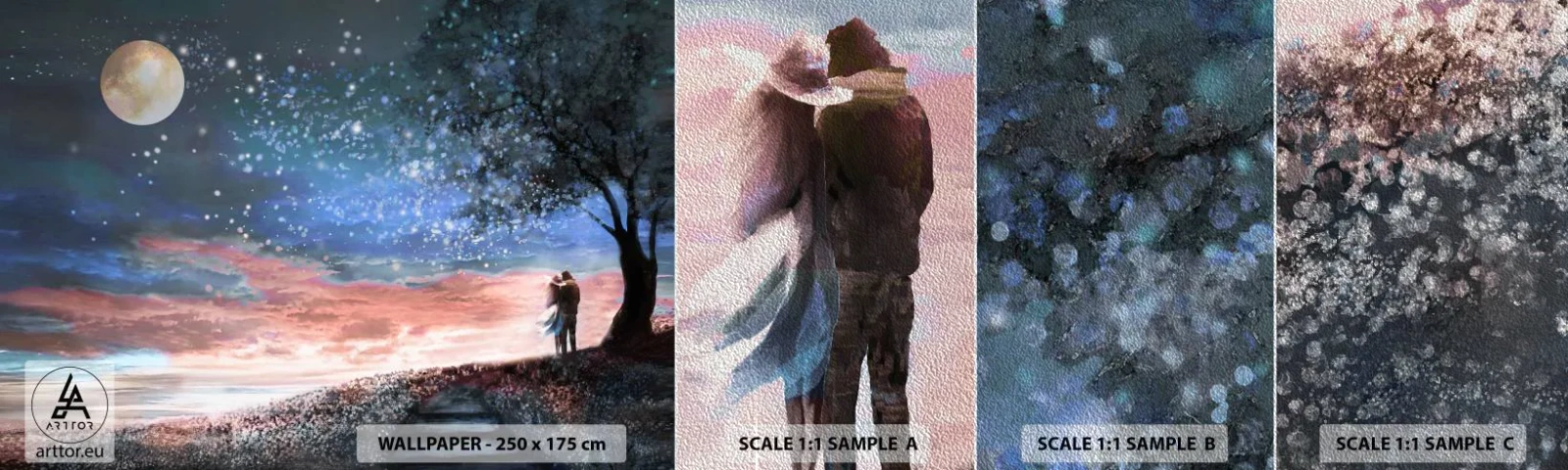 Échantillon de Papier Peint Premium Sand - Spectacle étoilé - Abstraction, Paysage, Couple d'amoureux - 100x30 cm