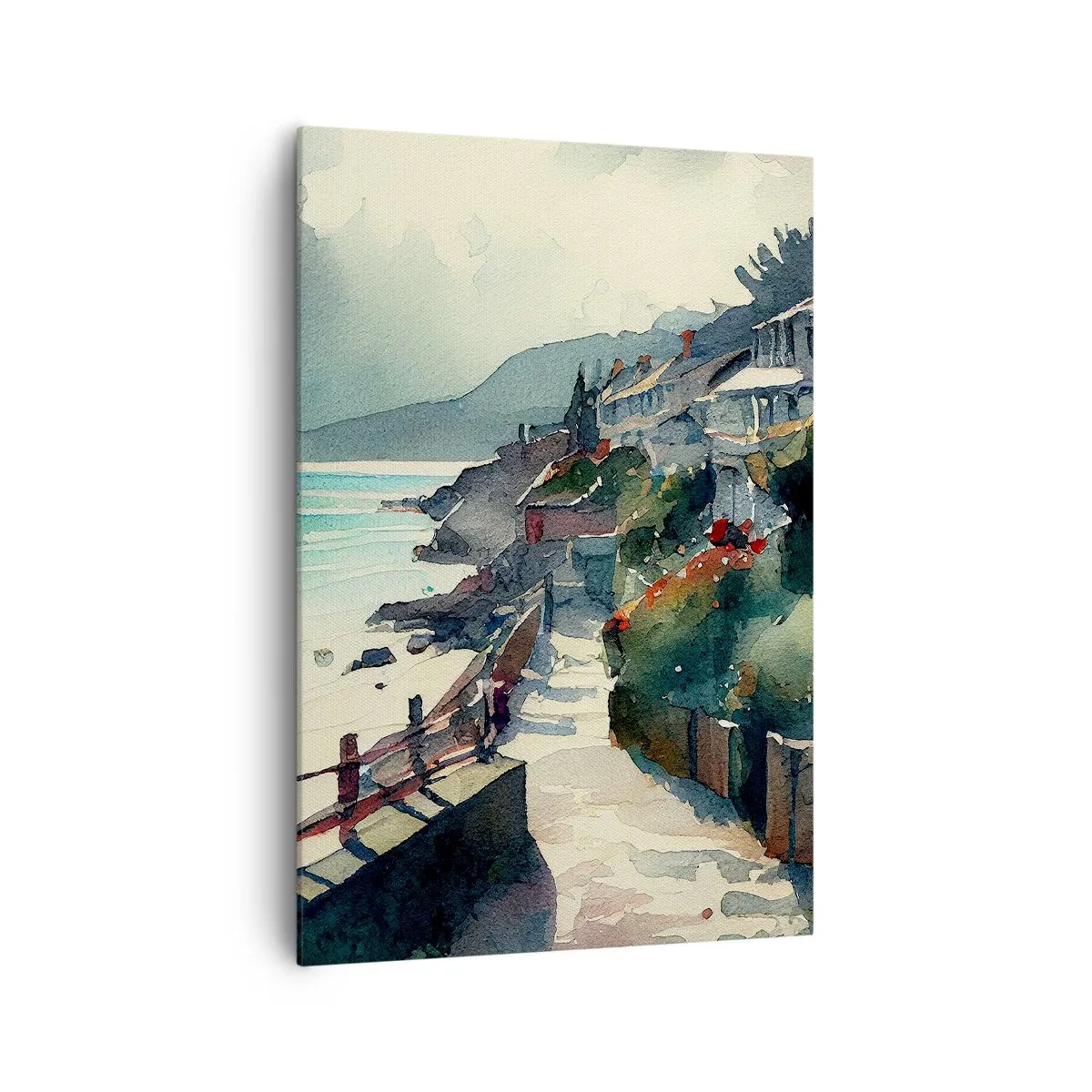 Impression sur toile - Image sur toile - Promenade en bord de mer avec maisons et végétation - 70x100cm - Ville méditerranéenne - Décoration murale moderne pour le salon et la chambre ARTTOR