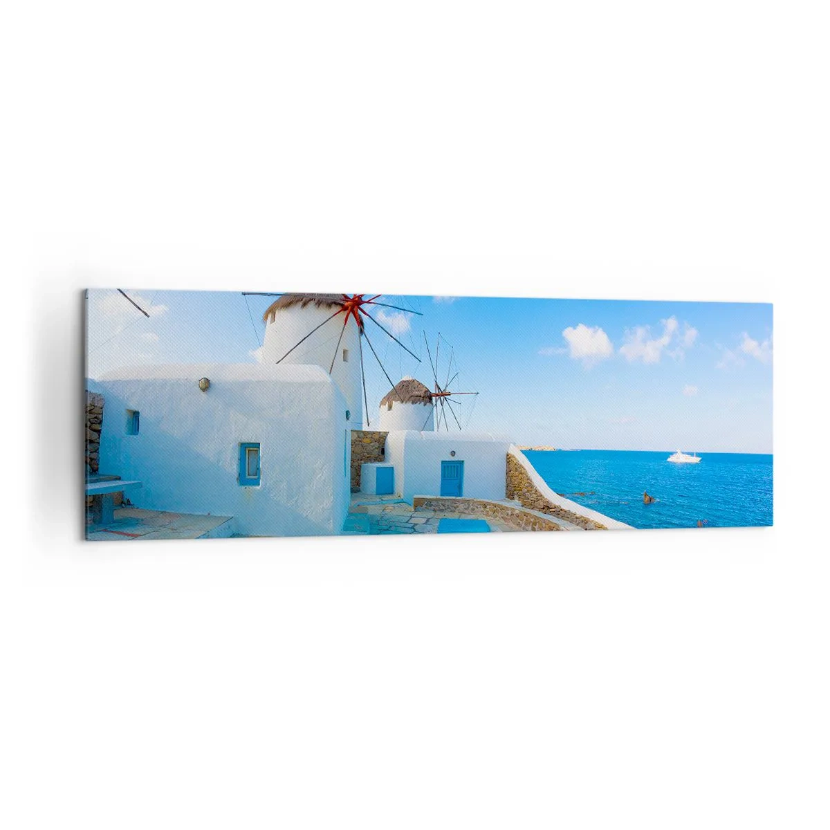 Impression sur toile - Image sur toile - Des moulins à vent blancs sur les rives de la mer bleue - 160x50cm - Le vent bleu de la mer - Décoration murale moderne pour le salon et la chambre ARTTOR