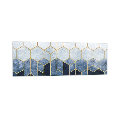 Impression sur verre - Image sur verre - Motif géométrique dans les tons or et bleu marine - 160x50cm - Composition en rythme syncopé - Décoration murale moderne pour le salon et la chambre ARTTOR