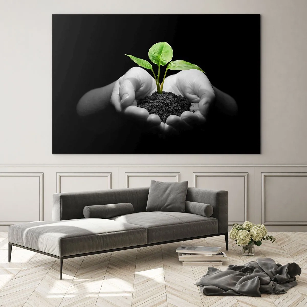 Impression sur verre - Image sur verre - Une jeune plante dans les mains sur un fond noir - 100x70cm - J'aime la nature, je la protège - Décoration murale moderne pour le salon et la chambre ARTTOR