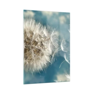 Impression sur verre - Image sur verre - Un pissenlit délicat contre le ciel avec des graines flottantes - 50x70cm - souffle d'ange - Décoration murale moderne pour le salon et la chambre ARTTOR