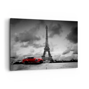 Impression sur toile - Image sur toile - Voiture rétro rouge devant la Tour Eiffel en noir et blanc - 120x80cm - Il n'y a pas si longtemps à Paris - Décoration murale moderne pour le salon et la chambre ARTTOR