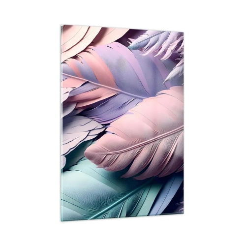 Impression sur verre - Image sur verre - Plumes pastel dans les tons de rose, violet et turquoise - 50x70cm - Oiseau chic - Décoration murale moderne pour le salon et la chambre ARTTOR
