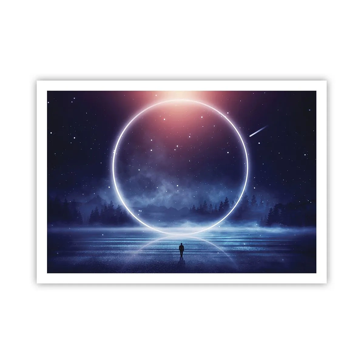 Affiche - Poster - Un paysage magique avec une silhouette et un cercle de lumière la nuit - 100x70cm - Ils sont déjà là... - Décoration murale moderne pour le salon et la chambre ARTTOR