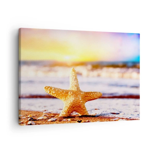 Impression sur toile - Image sur toile - Une étoile de mer sur une plage de sable à la lueur du soleil couchant - 70x50cm - Cadeau de la mer - Décoration murale moderne pour le salon et la chambre ARTTOR