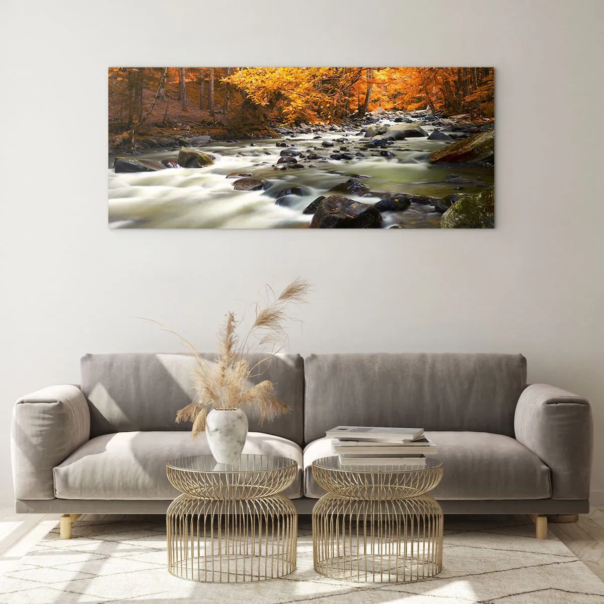 Impression sur verre - Image sur verre - Un ruisseau dans une forêt dorée - 100x40 cm