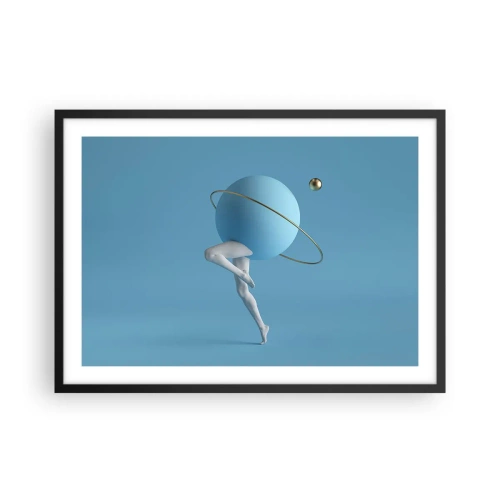 Affiche dans un cadre noir - Poster - Une sphère bleue avec une orbite et des jambes humaines contre le ciel - 70x50cm - Et les planètes deviennent folles - Décoration murale moderne pour le salon et la chambre ARTTOR