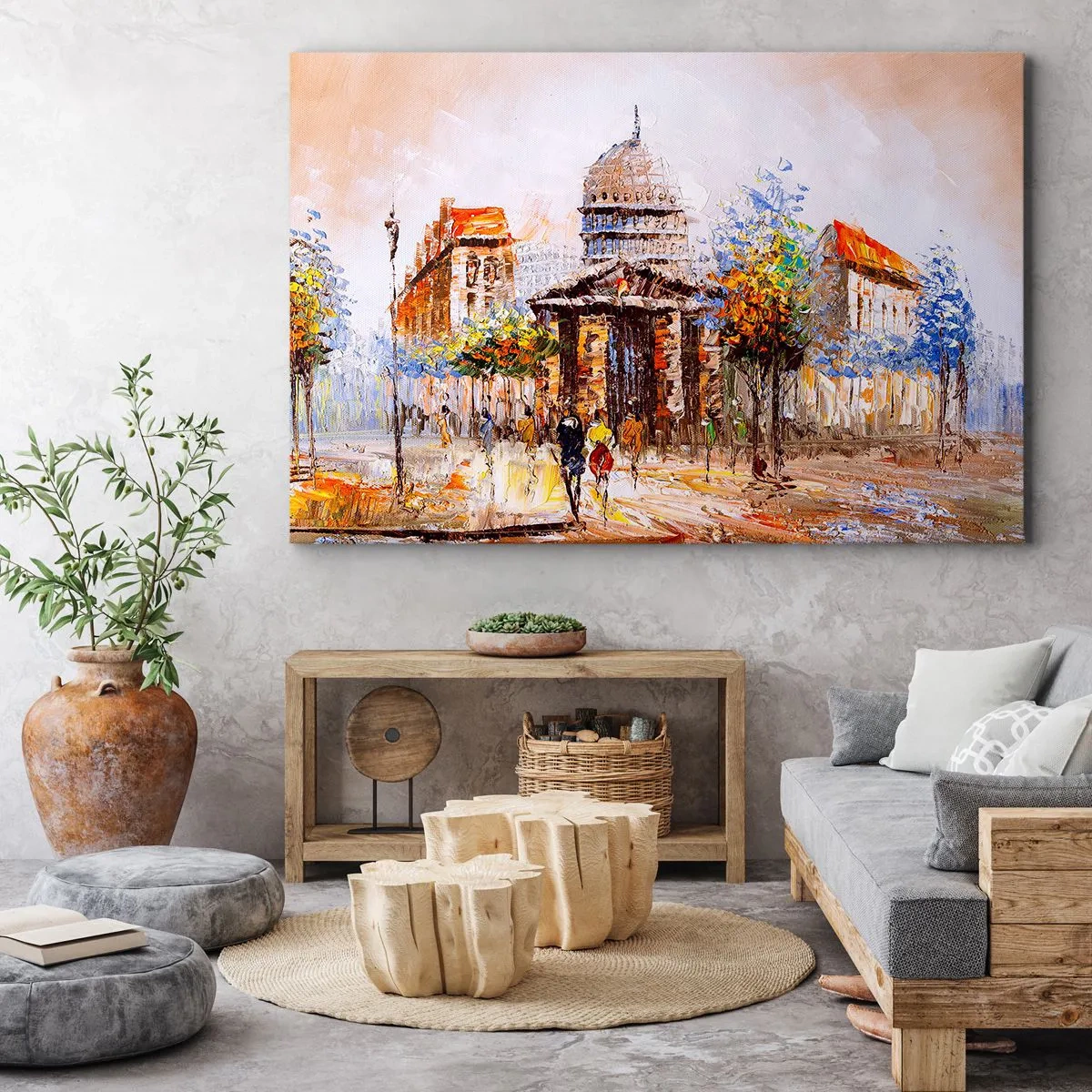 Impression sur toile - Image sur toile - Scène de ville impressionniste avec un bâtiment historique - 120x80cm - Promenade à Paris - Décoration murale moderne pour le salon et la chambre ARTTOR