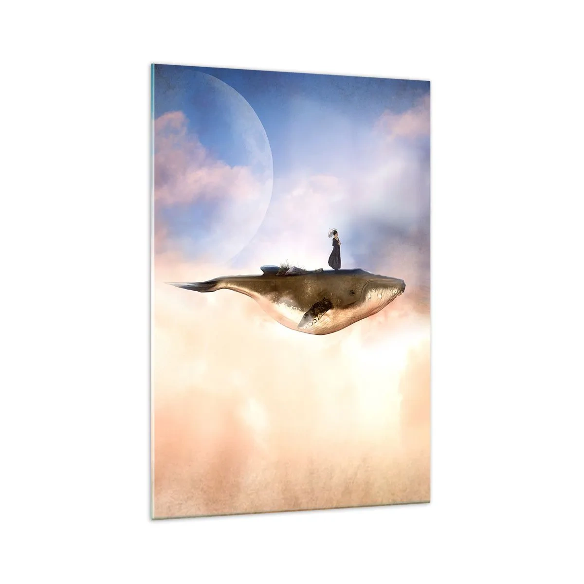 Impression sur verre - Image sur verre - Une scène fantastique d'une femme sur une baleine parmi les nuages - 70x100cm - Voyage irréel - Décoration murale moderne pour le salon et la chambre ARTTOR