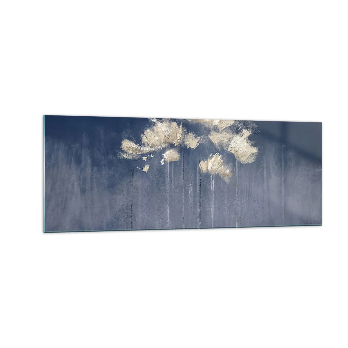 Impression sur verre - Image sur verre - Fleurs délicates sur fond bleu - 140x50cm - Comme des pétales au vent - Décoration murale moderne pour le salon et la chambre ARTTOR