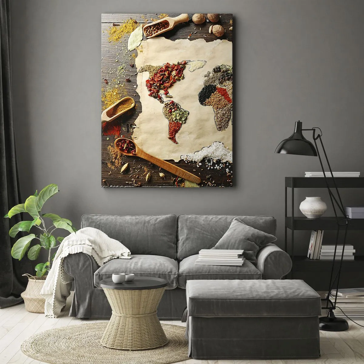 Impression sur toile - Image sur toile - Une carte du monde faite d'épices sur un fond en bois. - 80x120cm - Toutes les saveurs du monde - Décoration murale moderne pour le salon et la chambre ARTTOR