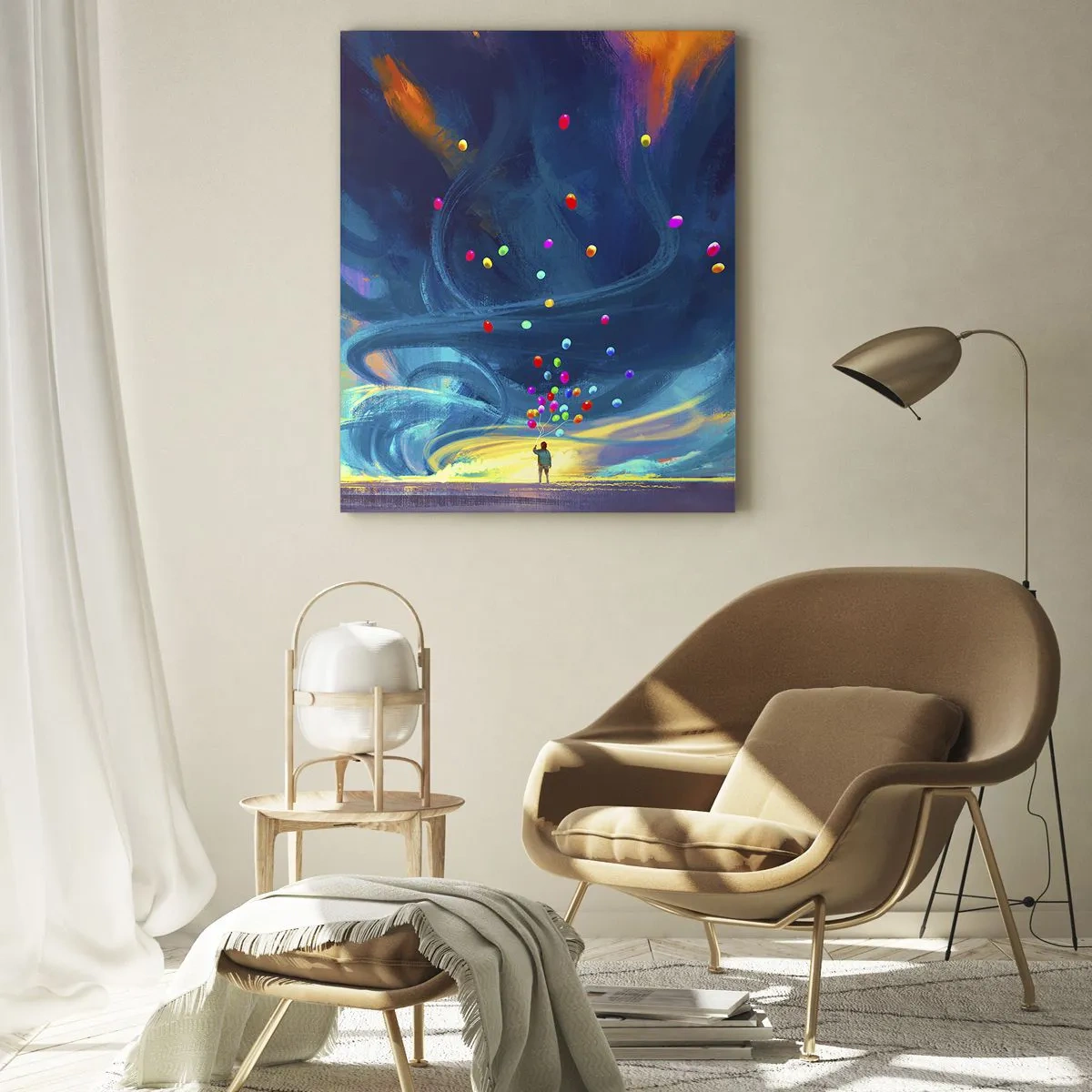Impression sur verre - Image sur verre - Une silhouette avec des ballons sur un fond de nuages tourbillonnants et colorés - 70x100cm - Au vent bleu ciel - Décoration murale moderne pour le salon et la chambre ARTTOR
