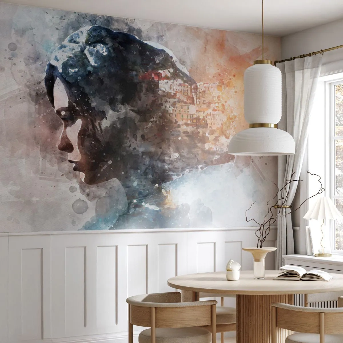 Papier Peint Photo Premium Canvas - L'histoire d'une fille avec une ville en arrière-plan - Abstraction, Femme, Architecture - 500x350 cm