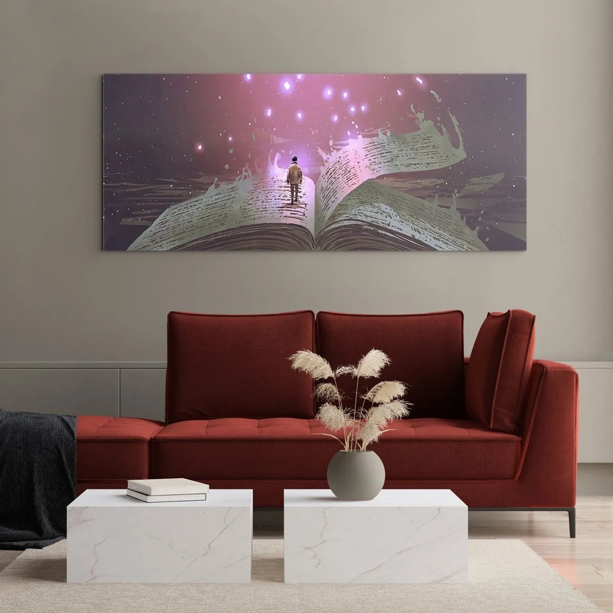 Impression sur verre - Image sur verre - Une silhouette marche sur un livre ouvert dans une lumière magique. - 140x50cm - Invitation à un autre monde - lisez ! - Décoration murale moderne pour le salon et la chambre ARTTOR