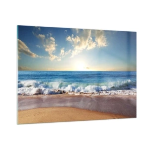 Impression sur verre - Image sur verre - Vagues de l'océan s'écrasant sur une plage dorée au lever du soleil - 100x70cm - Mouvement et immobilité à la fois - Décoration murale moderne pour le salon et la chambre ARTTOR
