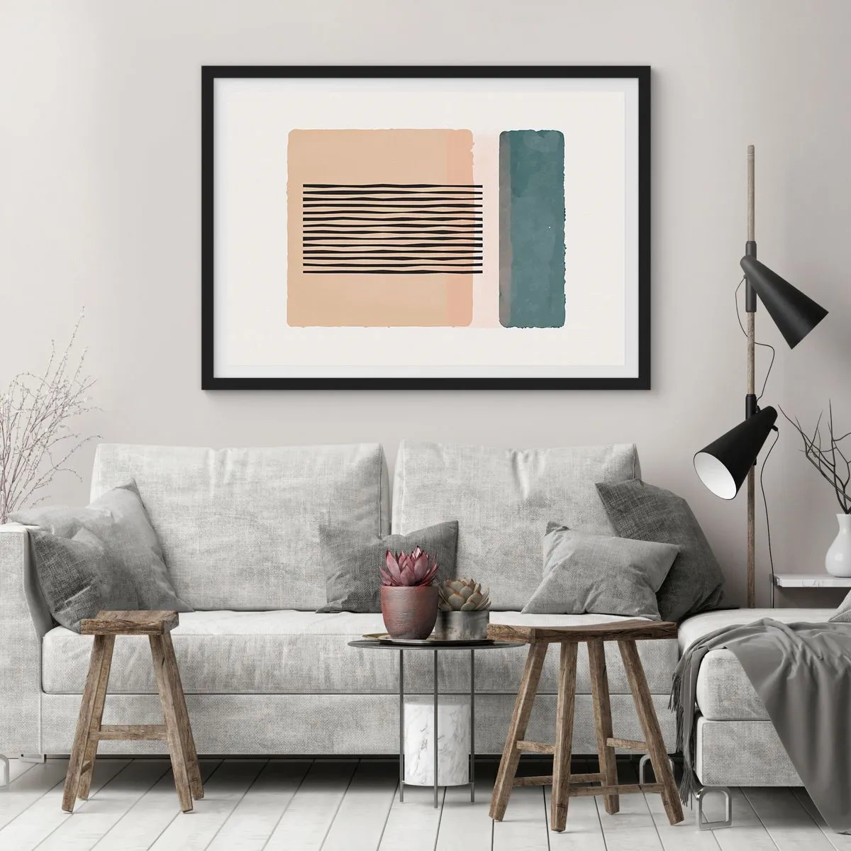 Affiche dans un cadre noir - Poster - Formes géométriques minimalistes dans des tons beiges et verts - 70x50cm - Tout est en ordre - Décoration murale moderne pour le salon et la chambre ARTTOR