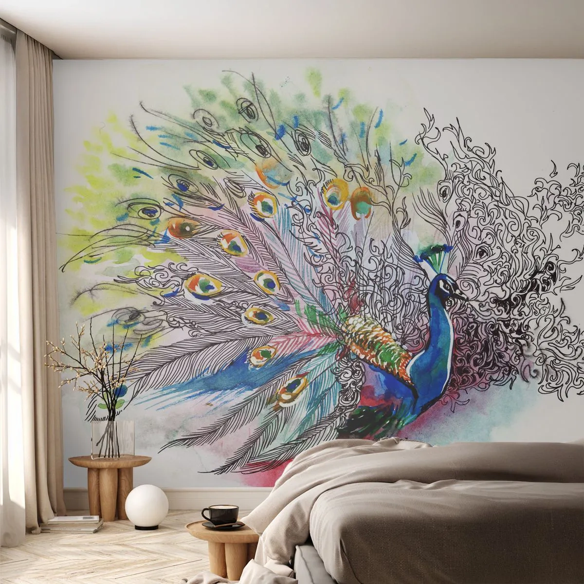 Papier Peint Photo Standard Eco - Avec fierté contre la grisaille - Oiseau, Paon, Plumes - 200x140 cm