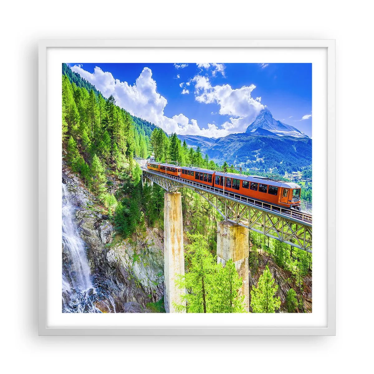 Affiche dans un cadre blanc - Poster - Train dans les Alpes - 60x60 cm