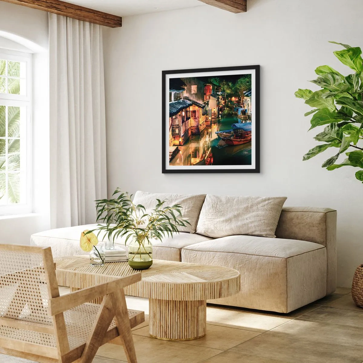 Affiche dans un cadre noir - Poster - Soirée dans une rue chinoise - 50x50 cm