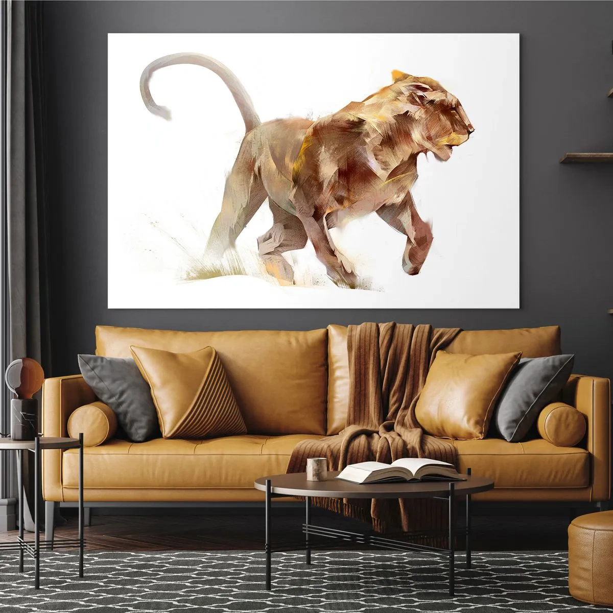 Impression sur verre - Image sur verre - Silhouette dynamique d'un lion dans un style artistique sur fond blanc - 70x50cm - Grâce sauvage - Décoration murale moderne pour le salon et la chambre ARTTOR