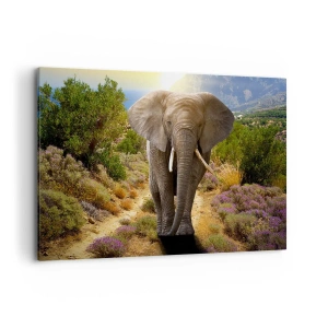 Impression sur toile - Image sur toile - Un éléphant d'Afrique dans un paysage de savane et de montagne - 120x80cm - Voilà à quoi ressemblait l'Eden - Décoration murale moderne pour le salon et la chambre ARTTOR