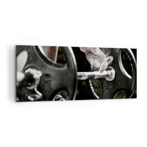 Impression sur toile - Image sur toile - Des haltères et les mains d'un athlète se préparant à l'entraînement - 120x50cm - Défi accepté! - Décoration murale moderne pour le salon et la chambre ARTTOR