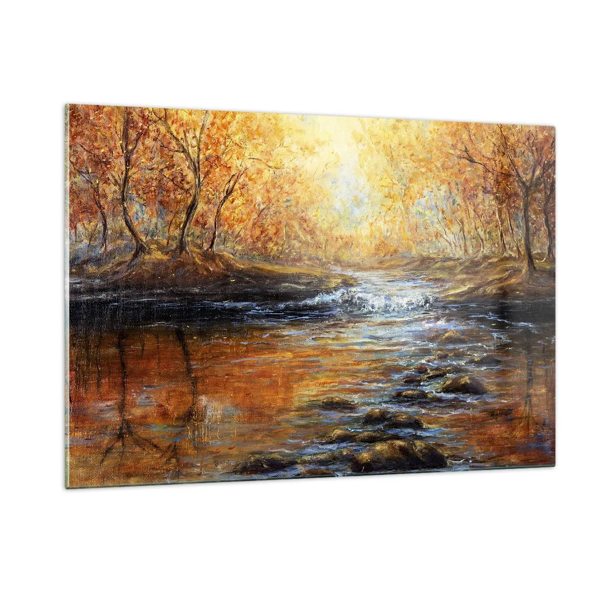 Impression sur verre - Image sur verre - Un ruisseau doré dans la forêt entouré d'arbres d'automne - 120x80cm - Le ruisseau d'or - Décoration murale moderne pour le salon et la chambre ARTTOR