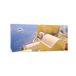 Impression sur verre - Image sur verre - Architecture grecque avec vue sur la mer et un bateau en arrière-plan - 120x50cm - Paysage grec en blanc et bleu ciel - Décoration murale moderne pour le salon et la chambre ARTTOR