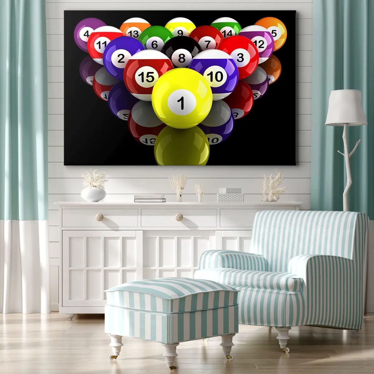 Impression sur toile - Image sur toile - Boules de billard colorées disposées en triangle sur fond noir - 100x70cm - Différentes couleurs de jeu - Décoration murale moderne pour le salon et la chambre ARTTOR
