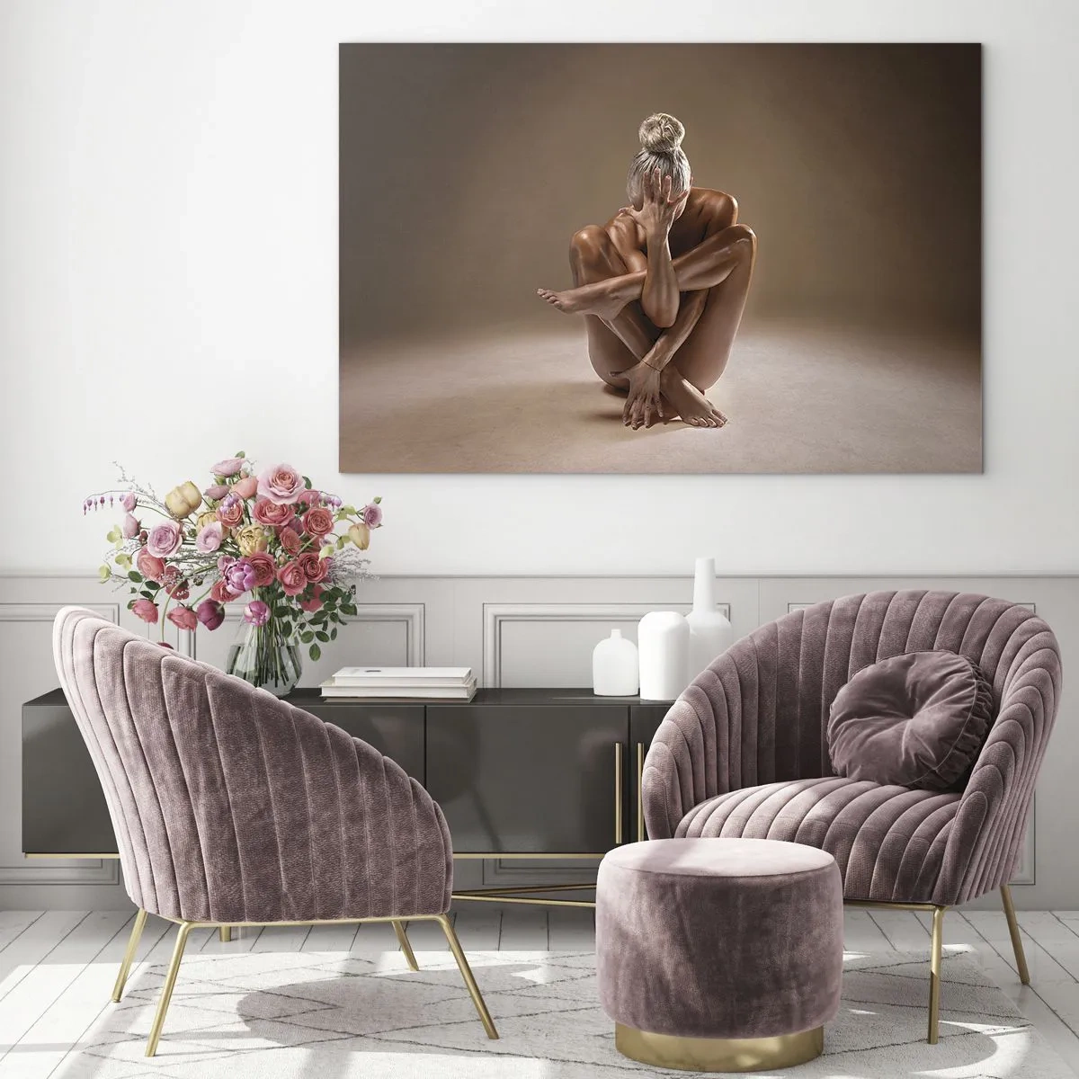 Impression sur verre - Image sur verre - Une femme sensuelle dans une pose artistique sur un fond d'ombre. - 70x50cm - Unité du corps et de l'âme - Décoration murale moderne pour le salon et la chambre ARTTOR