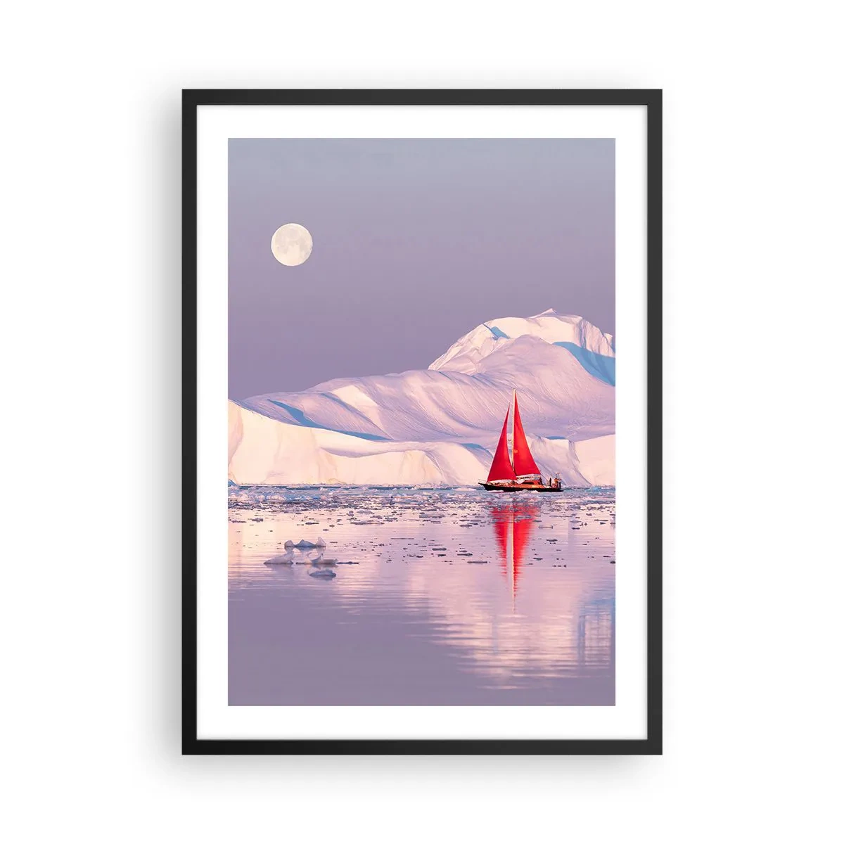 Affiche dans un cadre noir - Poster - Une voile rouge sur fond d'icebergs sous la pleine lune - 50x70cm - La chaleur de la voile, le froid de la glace - Décoration murale moderne pour le salon et la chambre ARTTOR
