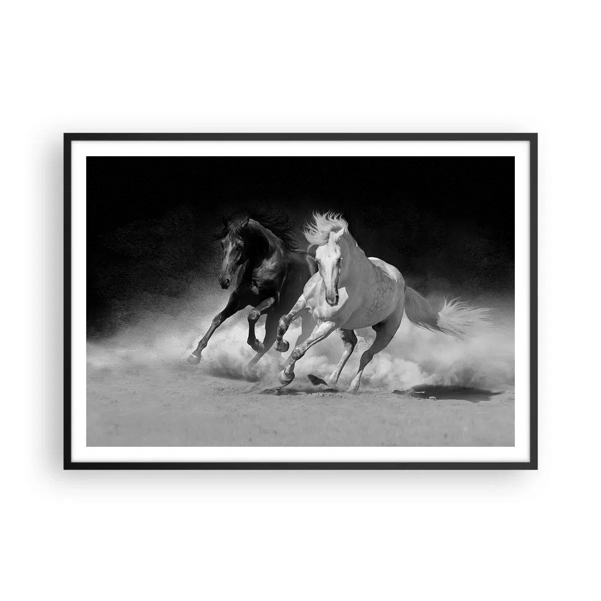 Affiche dans un cadre noir - Poster - Chevaux au galop en noir et blanc - 100x70cm - Galop de la liberté - Décoration murale moderne pour le salon et la chambre ARTTOR