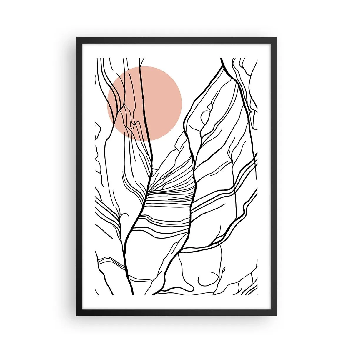 Affiche dans un cadre noir - Poster - Dessin au trait minimaliste avec un cercle rose en arrière-plan - 50x70cm - Dans un réseau de brindilles - Décoration murale moderne pour le salon et la chambre ARTTOR