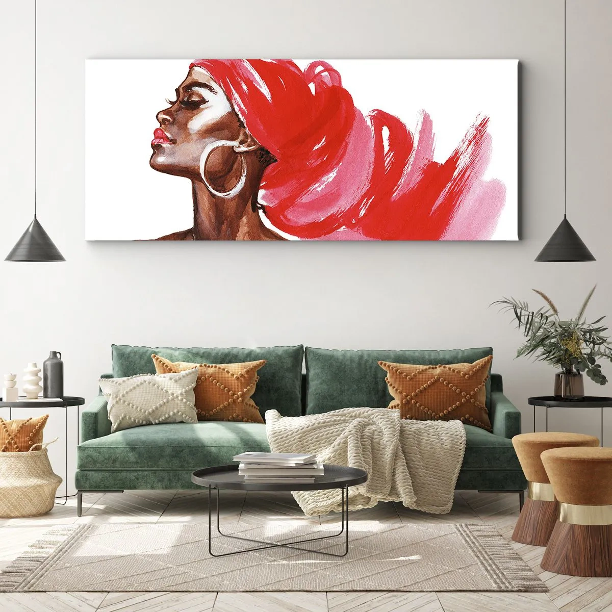 Impression sur toile - Image sur toile - Profil d'une femme avec un turban rouge et des boucles d'oreilles - 120x50cm - "Les cheveux dans le vent" - Décoration murale moderne pour le salon et la chambre ARTTOR