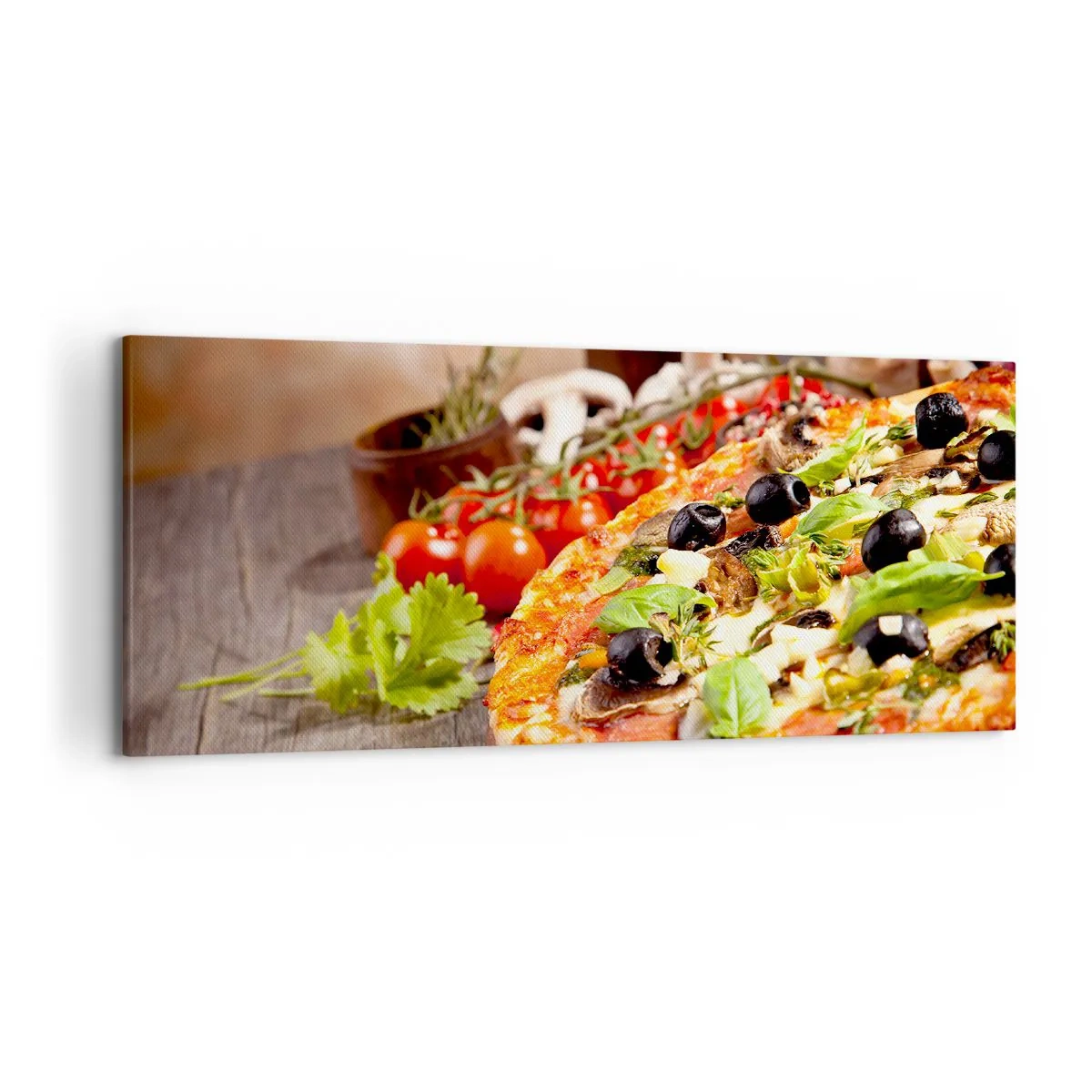 Impression sur toile - Image sur toile - Pizza aux olives, basilic et ingrédients frais sur fond de bois - 120x50cm - Des ingrédients telluriques - Décoration murale moderne pour le salon et la chambre ARTTOR