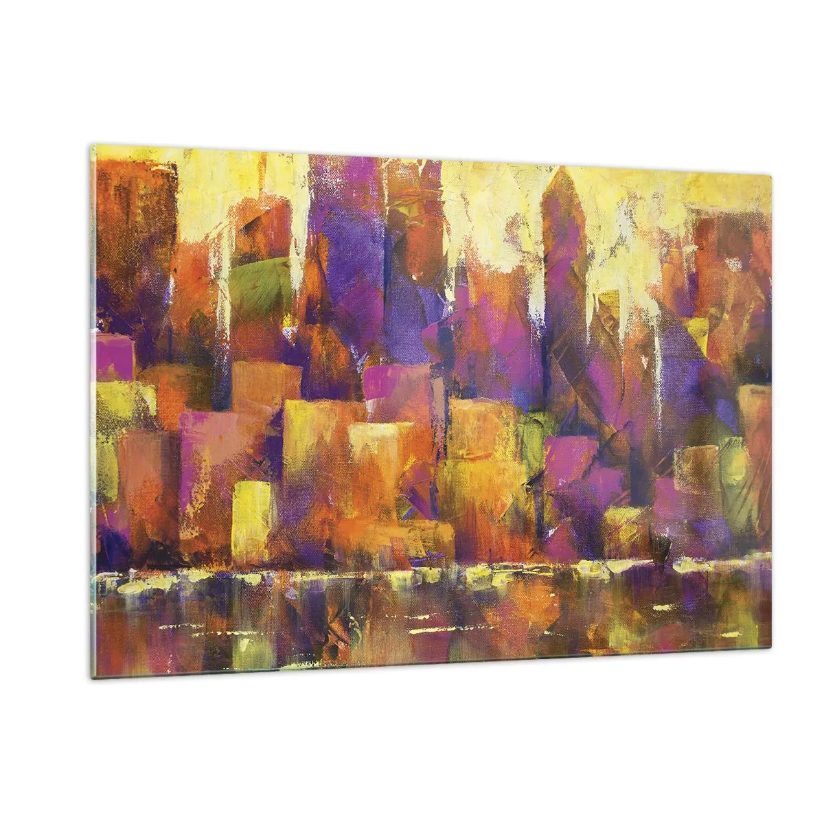 Impression sur verre - Image sur verre - Une métropole abstraite aux couleurs chaudes avec des accents de violet. - 120x80cm - Composition métropolitaine - Décoration murale moderne pour le salon et la chambre ARTTOR