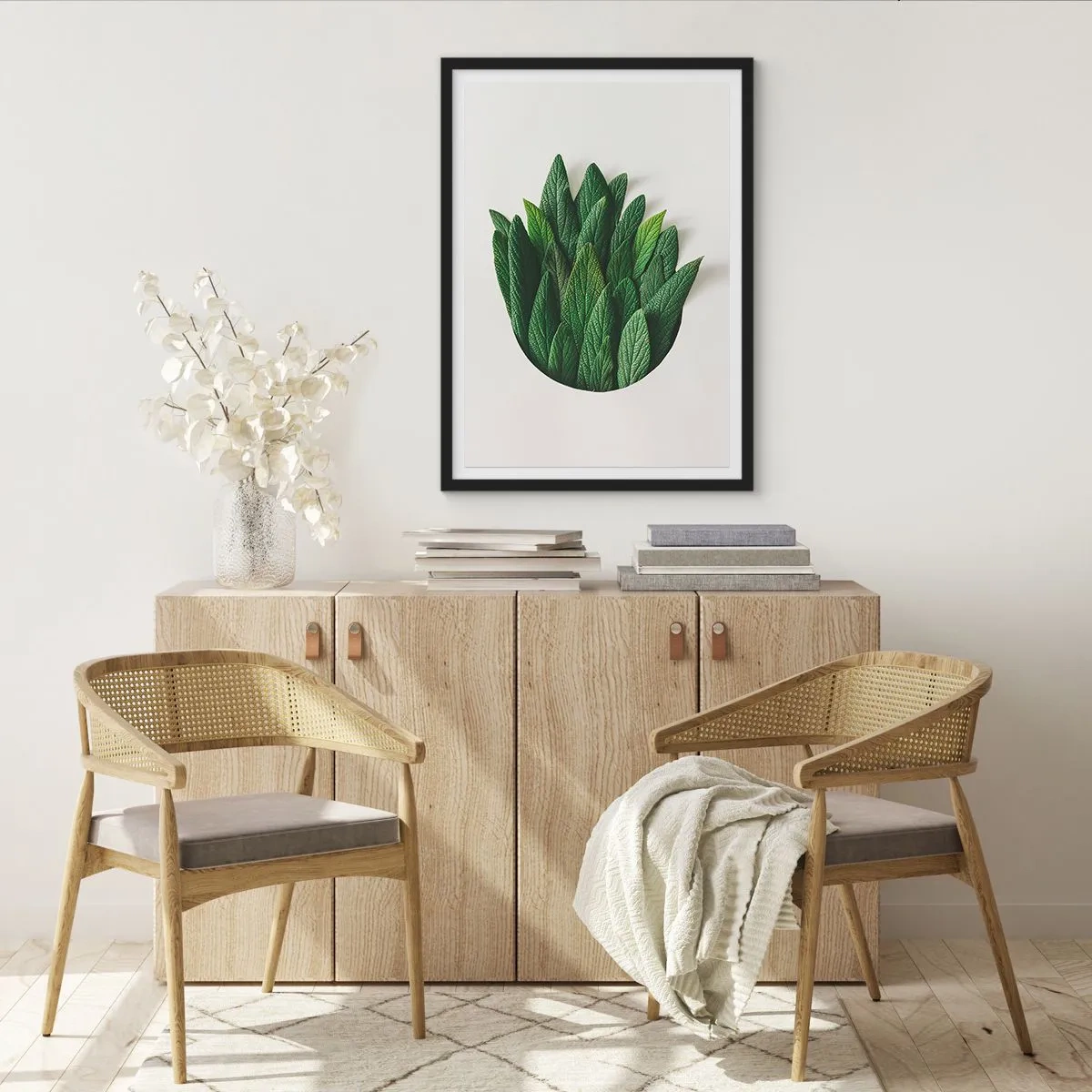 Affiche dans un cadre noir - Poster - Feuilles dans une composition artistique sur fond blanc - 50x70cm - Curiosité sans retenue - Décoration murale moderne pour le salon et la chambre ARTTOR