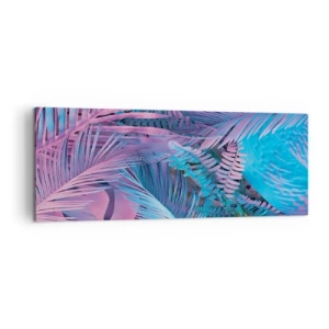 Impression sur toile - Image sur toile - Feuilles tropicales dans les tons de rose et de bleu - 140x50cm - Les tropiques en rose et bleu - Décoration murale moderne pour le salon et la chambre ARTTOR