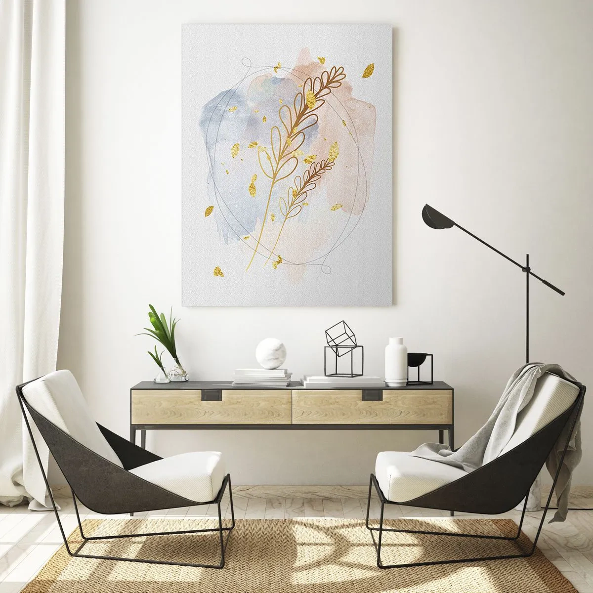 Impression sur verre - Image sur verre - Une composition délicate avec des brindilles et des feuilles dorées à l'aquarelle - 50x70cm - Explosion d'or - Décoration murale moderne pour le salon et la chambre ARTTOR