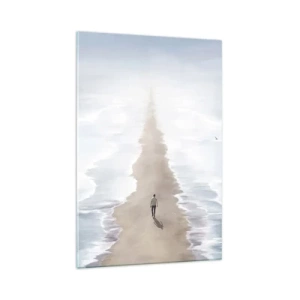 Impression sur verre - Image sur verre - Une silhouette sur une route solitaire au milieu d'un vaste paysage aquatique - 70x100cm - Un brillant avenir - Décoration murale moderne pour le salon et la chambre ARTTOR