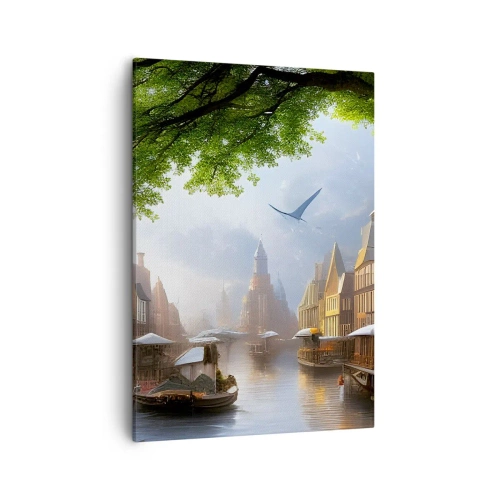 Impression sur toile - Image sur toile - Un paysage hollandais pittoresque avec un canal et des maisons de rapport - 50x70cm - Paysage urbain néerlandais - Décoration murale moderne pour le salon et la chambre ARTTOR