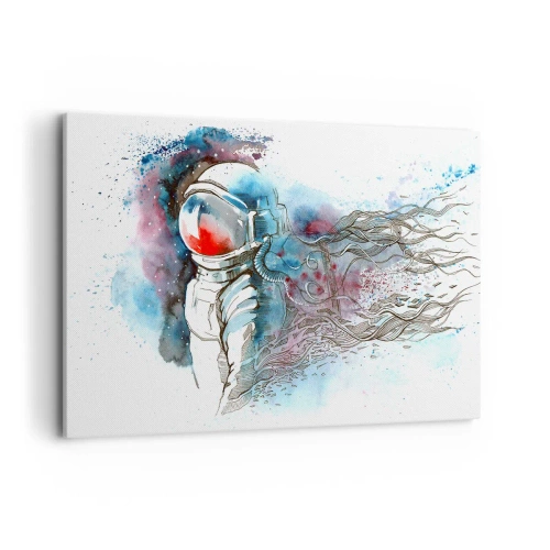 Impression sur toile - Image sur toile - Un cosmonaute dans une aquarelle dynamique avec des détails cosmiques - 120x80cm - Seul avec l'espace - Décoration murale moderne pour le salon et la chambre ARTTOR