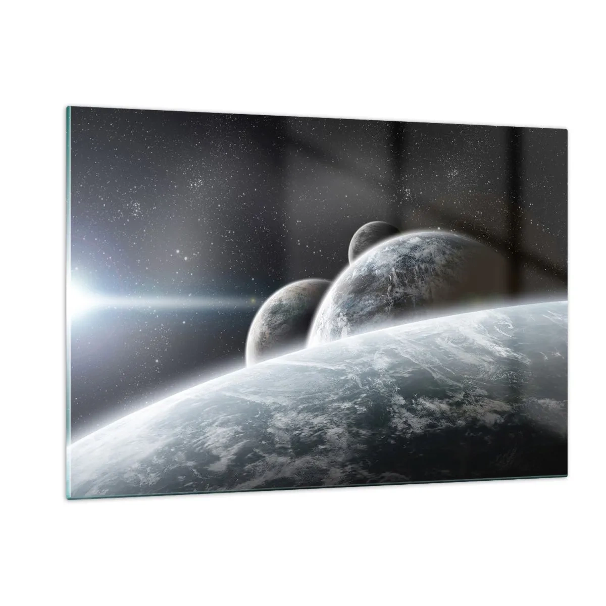 Impression sur verre - Image sur verre - Planètes dans l'espace avec un rayon de lumière - 120x80cm - Musique cosmique des sphères - Décoration murale moderne pour le salon et la chambre ARTTOR