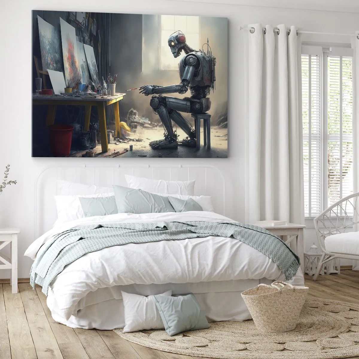 Impression sur toile - Image sur toile - Un robot peignant un tableau dans un atelier d'art - 70x50cm - L'acte de création - Décoration murale moderne pour le salon et la chambre ARTTOR