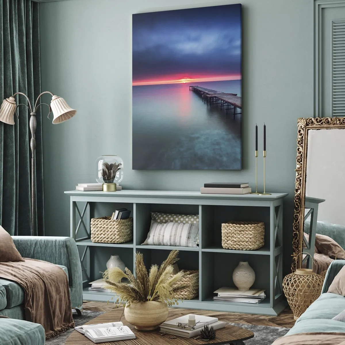 Impression sur toile - Image sur toile - Une jetée en bois menant directement à la mer au coucher du soleil - 70x100cm - Entre le ciel et la terre - Décoration murale moderne pour le salon et la chambre ARTTOR