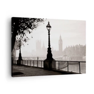 Impression sur toile - Image sur toile - Une vue monochrome de Big Ben et de la Tamise. - 70x50cm - Un matin londonien - Décoration murale moderne pour le salon et la chambre ARTTOR