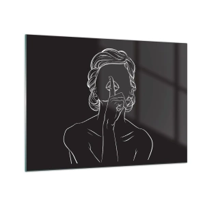 Impression sur verre - Image sur verre - Une silhouette minimaliste d'une femme faisant un geste de silence. - 70x50cm - La beauté s'épanouit en silence - Décoration murale moderne pour le salon et la chambre ARTTOR