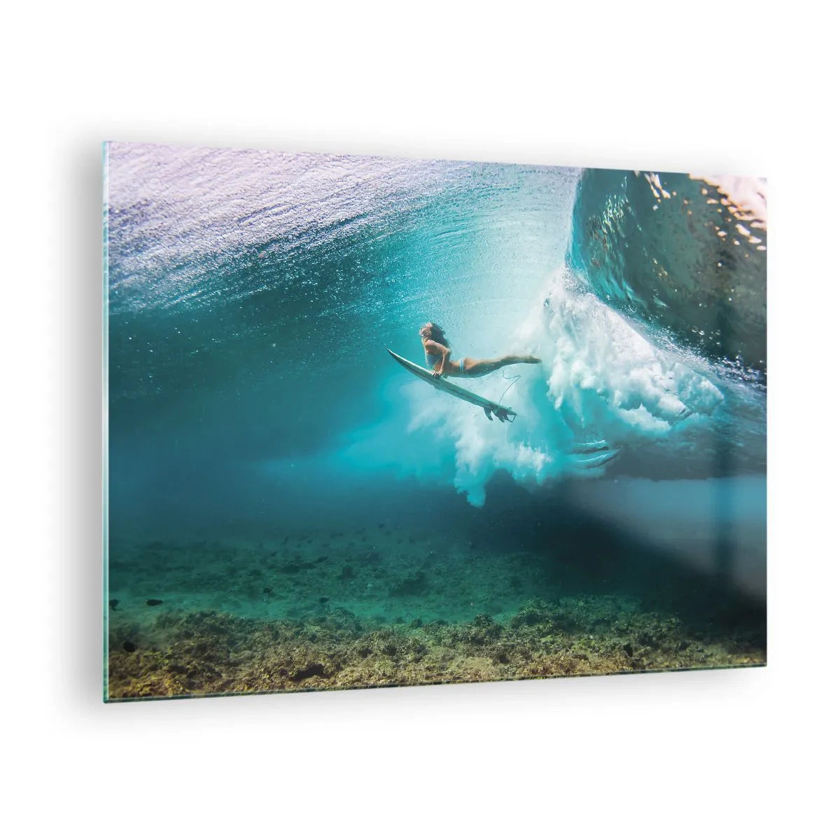 Impression sur verre - Image sur verre - Surfeur sous l'eau parmi les vagues avec une planche de surf - 70x50cm - Monde sous marin - Décoration murale moderne pour le salon et la chambre ARTTOR
